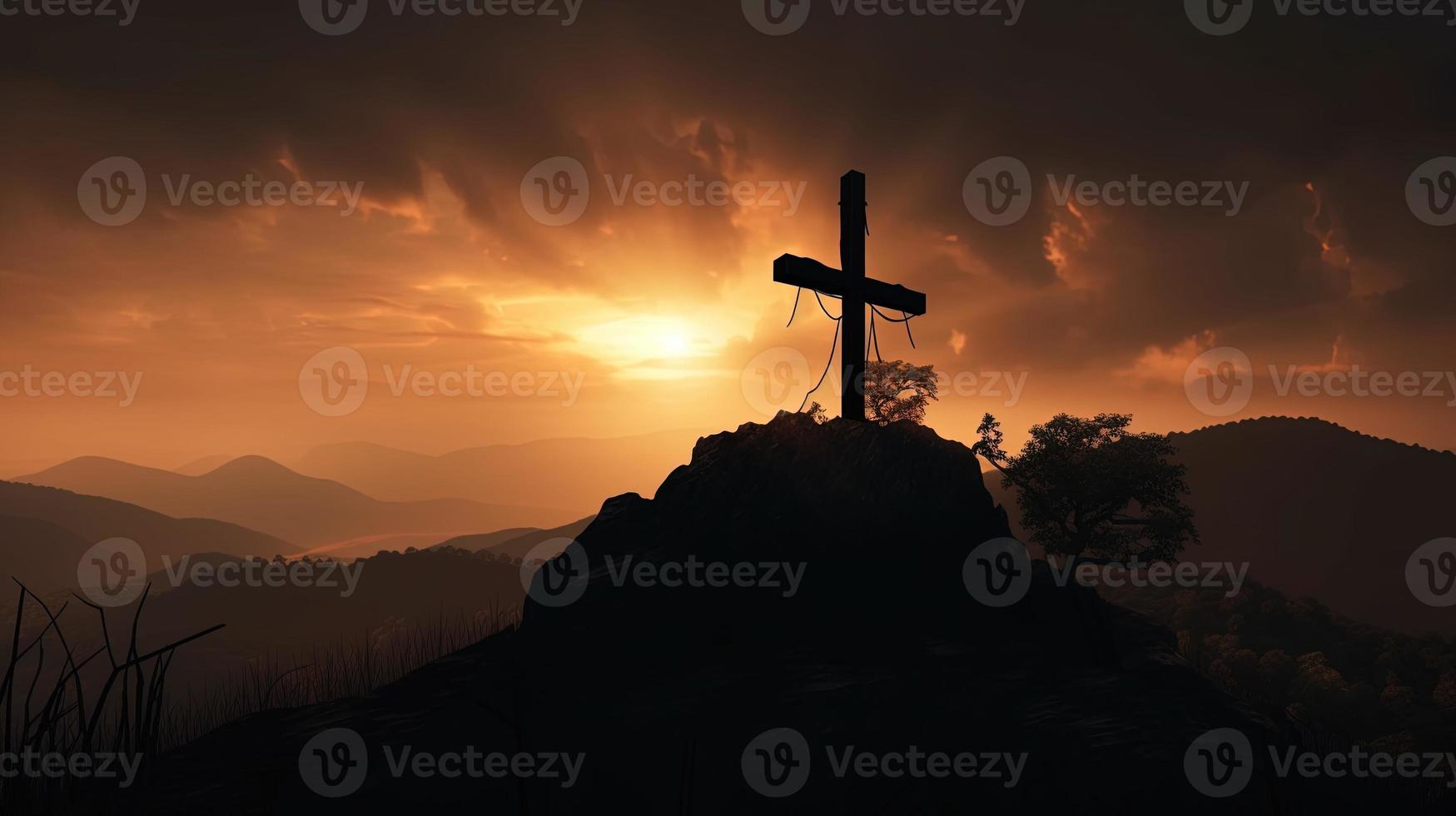 berg majesteit artistiek silhouet van kruisbeeld kruis tegen zonsondergang lucht foto