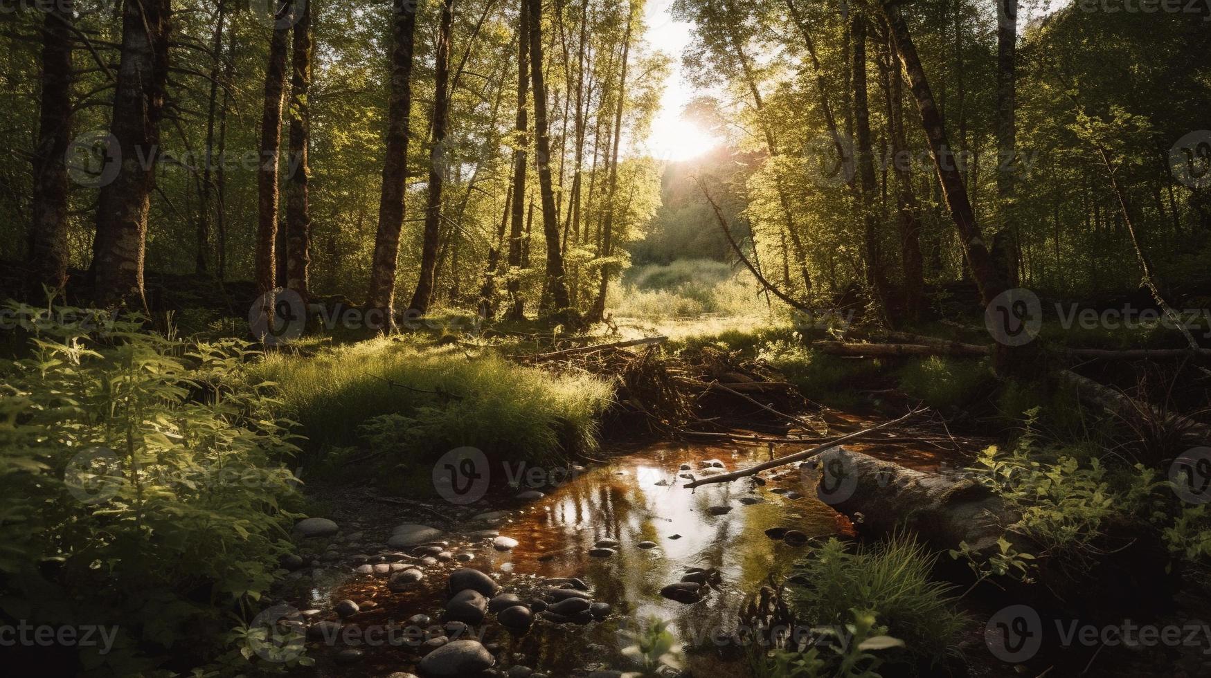 een vredig Woud opruimen badend in warm zonlicht, omringd door hoog bomen en weelderig gebladerte, met een teder stroom druppelen door de kreupelhout en een ver weg berg reeks zichtbaar foto