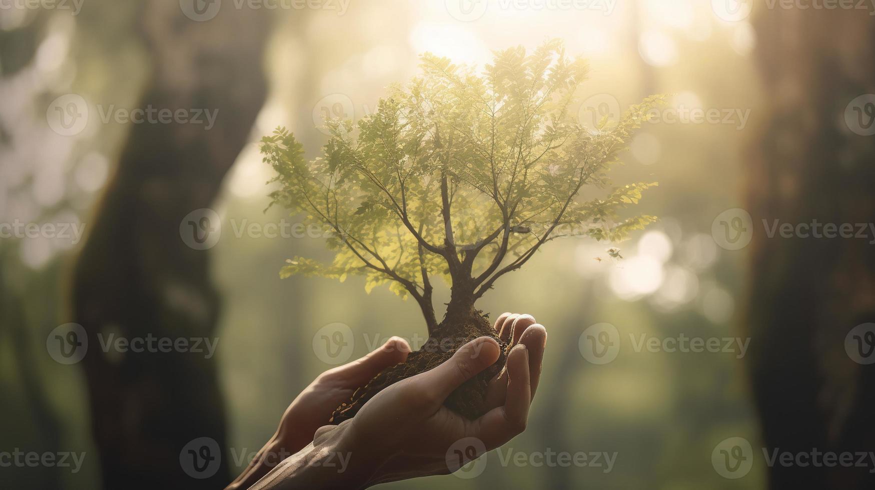 artistiek handen omhelzing van de natuur schoonheid Holding boom over- wazig achtergrond foto