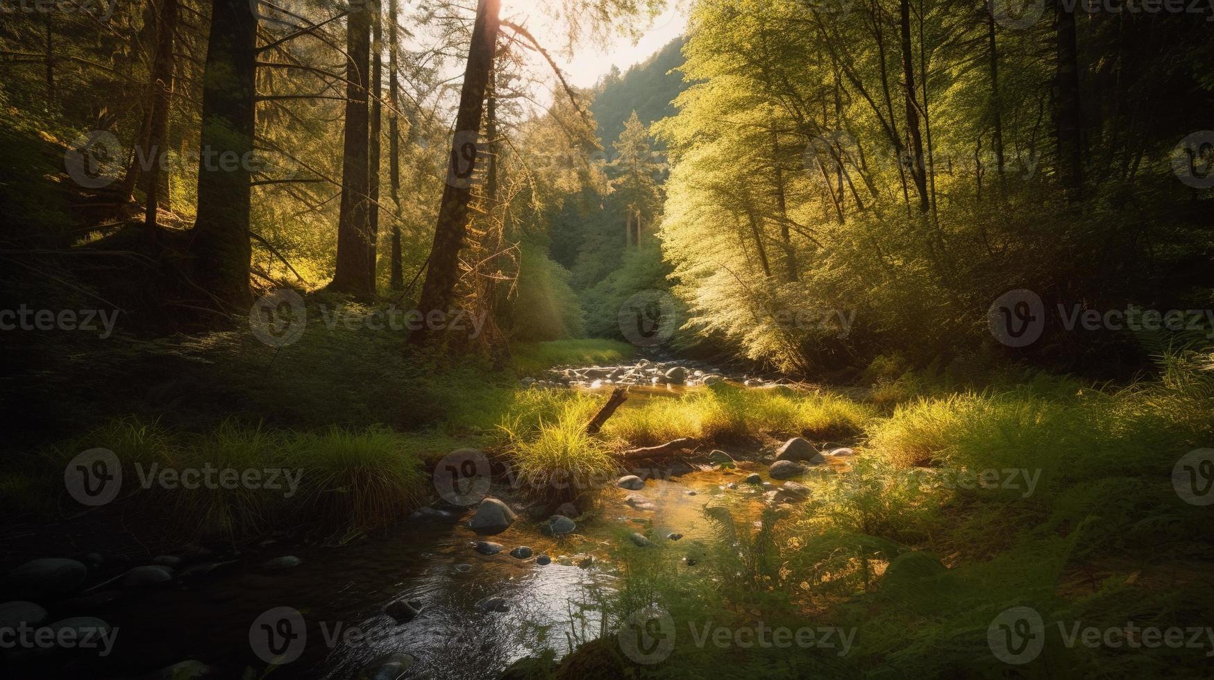 een vredig Woud opruimen badend in warm zonlicht, omringd door hoog bomen en weelderig gebladerte, met een teder stroom druppelen door de kreupelhout en een ver weg berg reeks zichtbaar foto