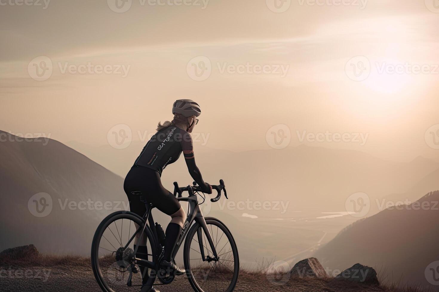 professioneel fietser in beschermend helm treinen Aan berg weg. vrouw atleet treinen Aan een fiets. gemaakt met generatief ai foto