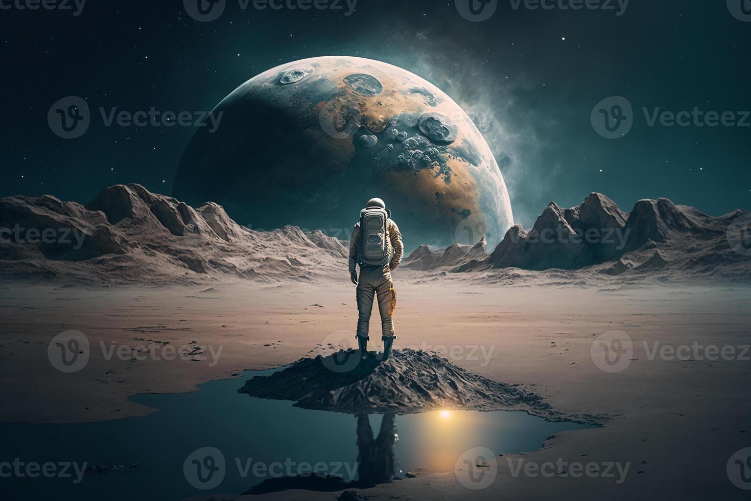 astronaut staand Aan planeet oppervlakte en op zoek Bij maan. ai gegenereerd foto