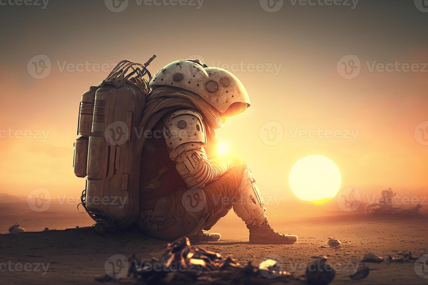 astronaut zittend Aan de zand en op zoek Bij de zonsondergang. ai gegenereerd foto