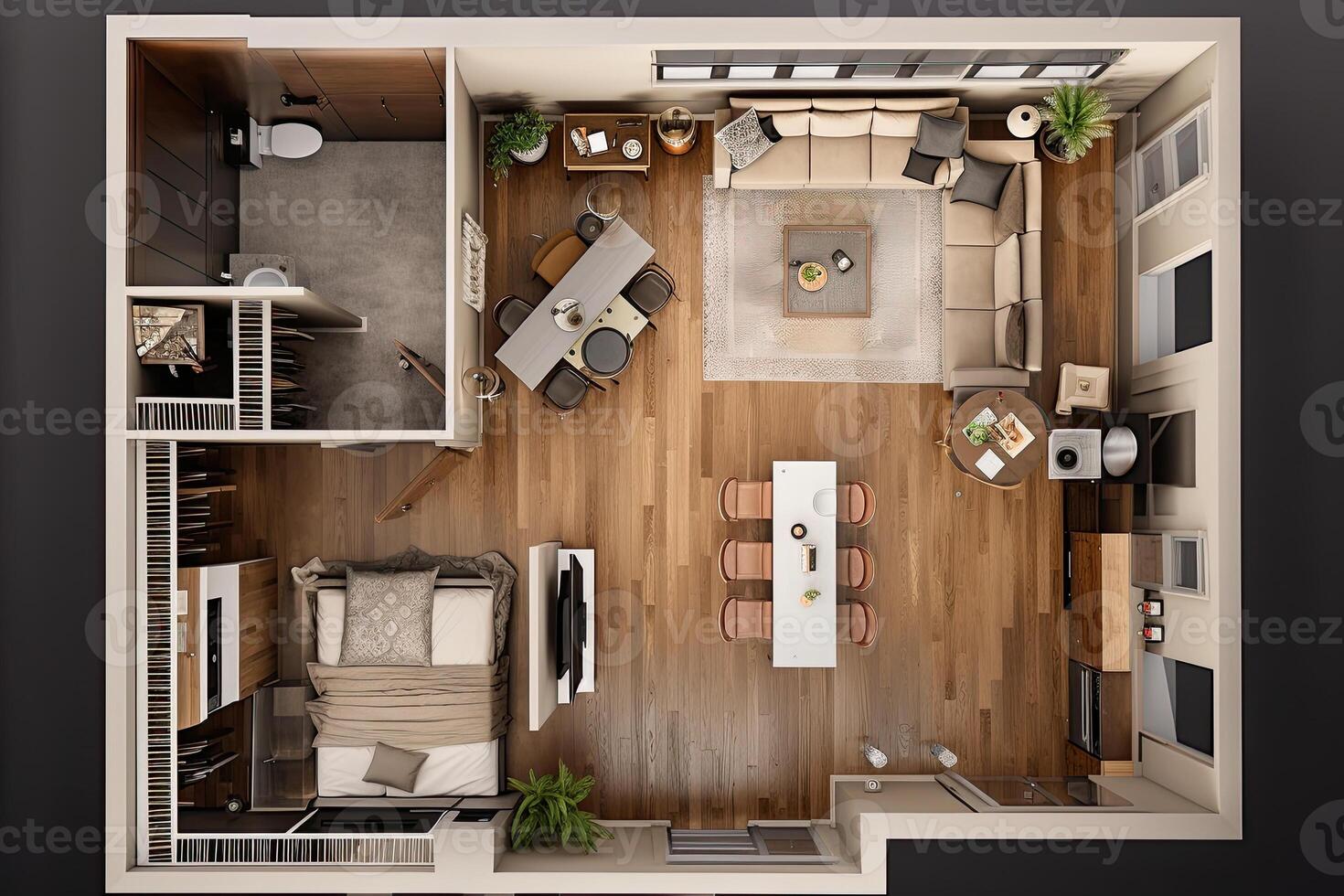 appartement visualisatie, ontwerp project. bouwkundig plan voor vernieuwing. leven kamer interieur, top visie. gemaakt met generatief ai foto