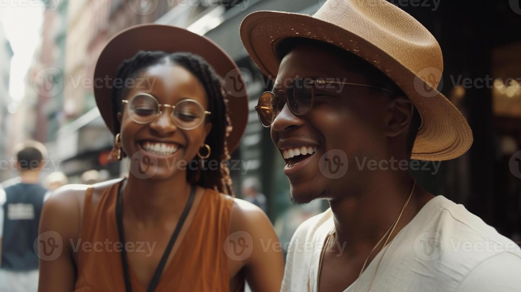 vakantie aantrekkelijk jong Afrikaanse Amerikaans paar wandelen door de straten van Europa - generatief ai. foto