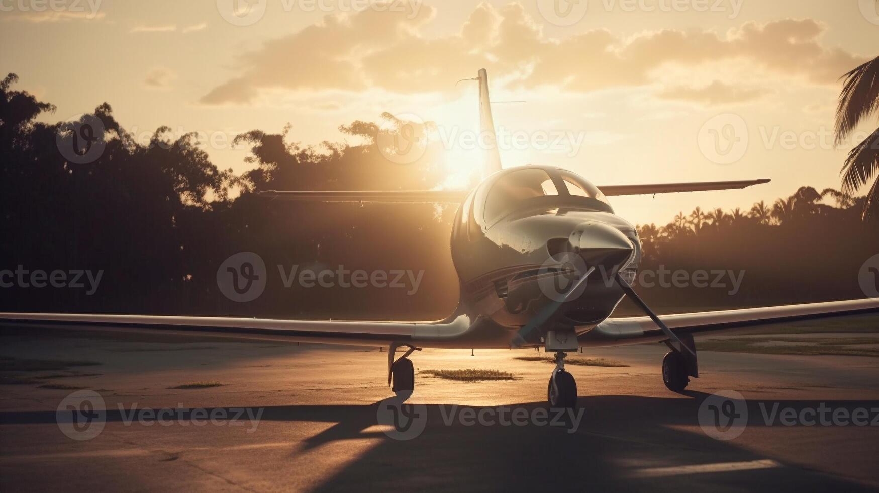 privaat luxe Jet vliegtuig in tropisch plaats aan het wachten Aan de asfalt Bij zonsondergang - gegenereerd ai. foto