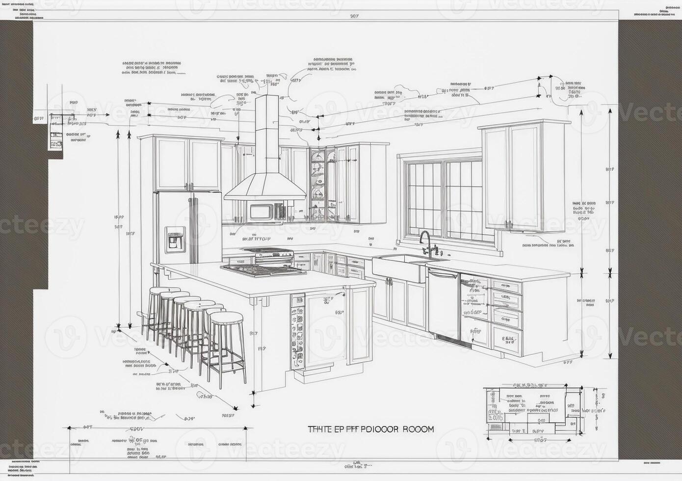 bouwkundig tekening met bespotten tekst en beschrijvingen van een Op maat keuken - generatief ai. foto