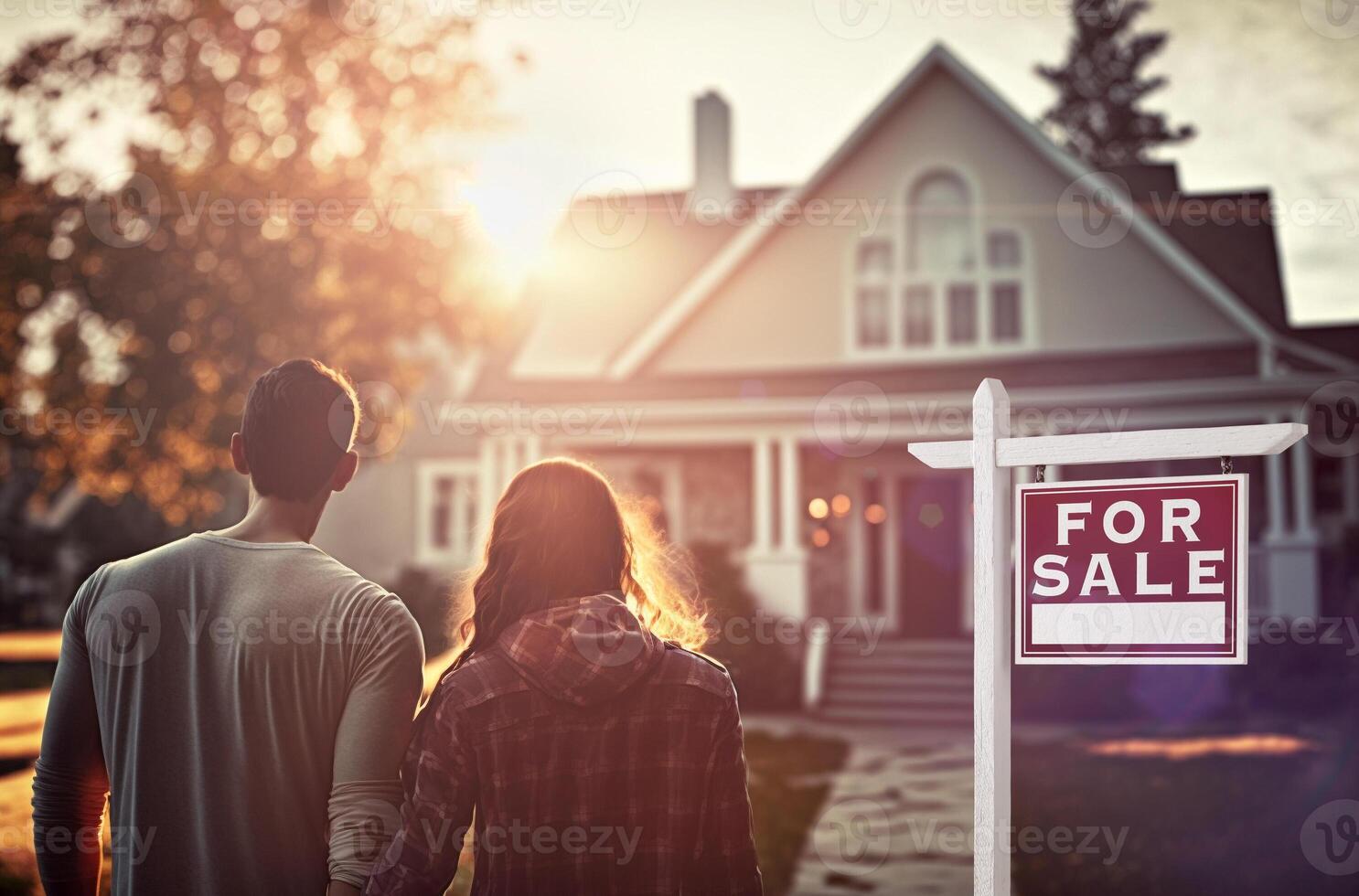 jong volwassen paar bewonderend huis met voor uitverkoop echt landgoed teken - generatief ai. foto