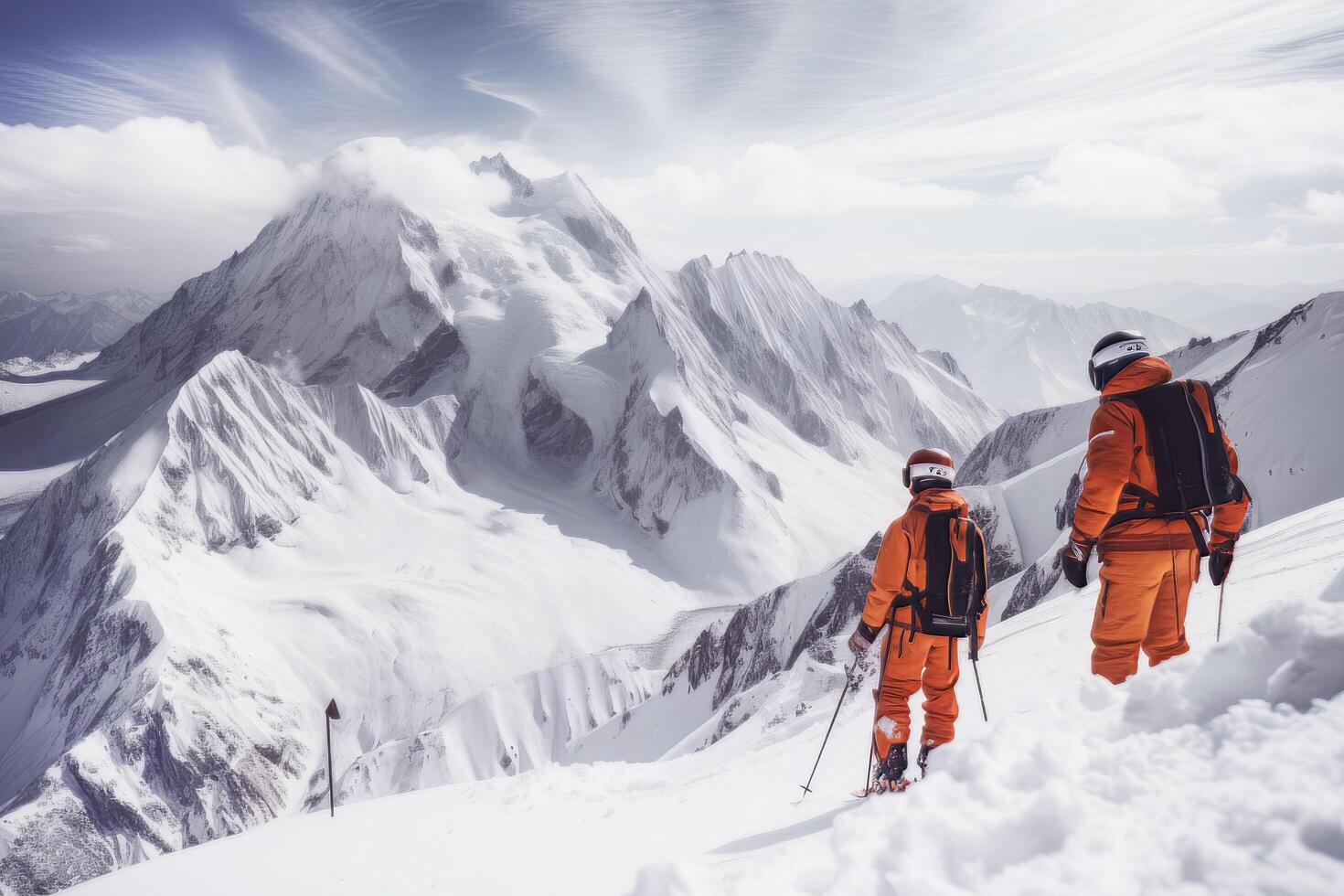 skiërs met een verbazingwekkend berg reeks in de achtergrond, ai gegenereerd foto