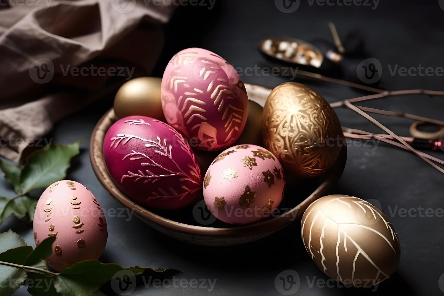 goud en roze versierd Pasen eieren geschilderd door hand- omringd door pioenrozen, Pasen, elegant minimaal samenstelling, vlak leggen foto