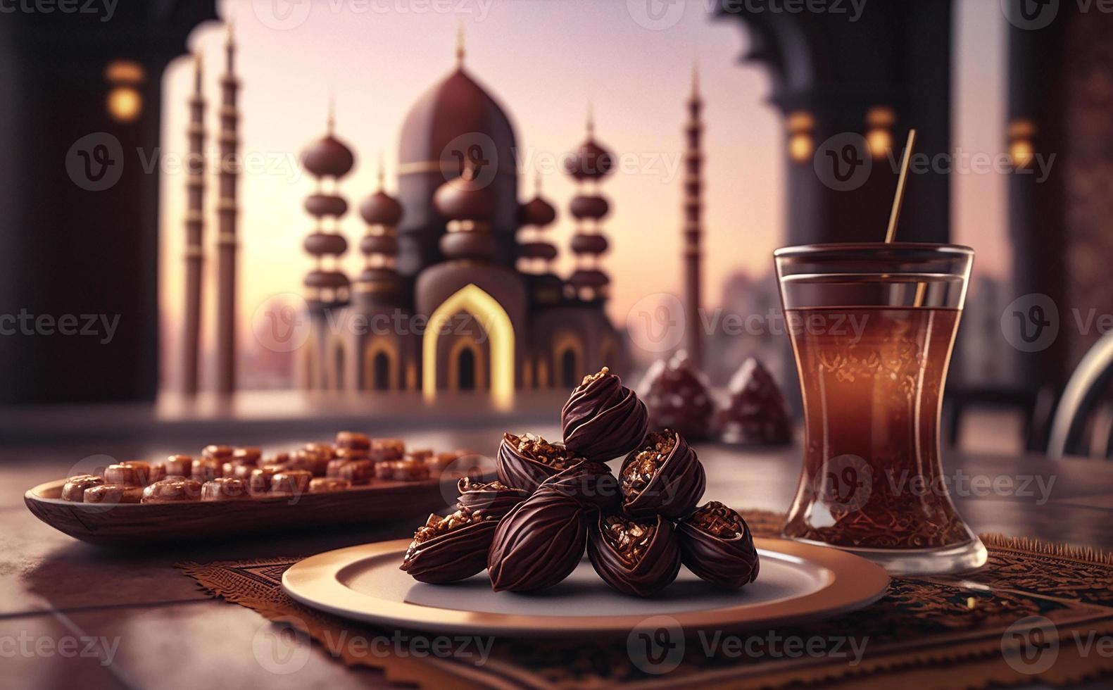 iftar tafel in de maand van Ramadan, een reis vol van variëteiten van heerlijk saudi Arabisch voedsel, de maand van Ramadan, Ramadan kareem, Ramadan lantaarn, de achtergrond van de moskee. foto