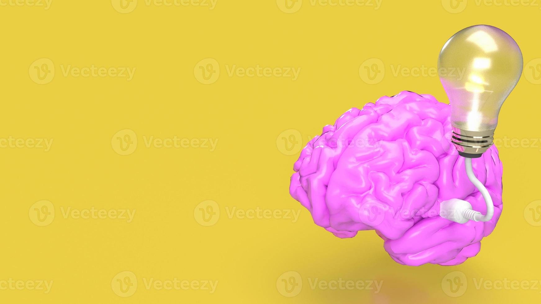 de roze hersenen en licht lamp Aan geel achtergrond voor creatief of idee concept 3d renderen foto