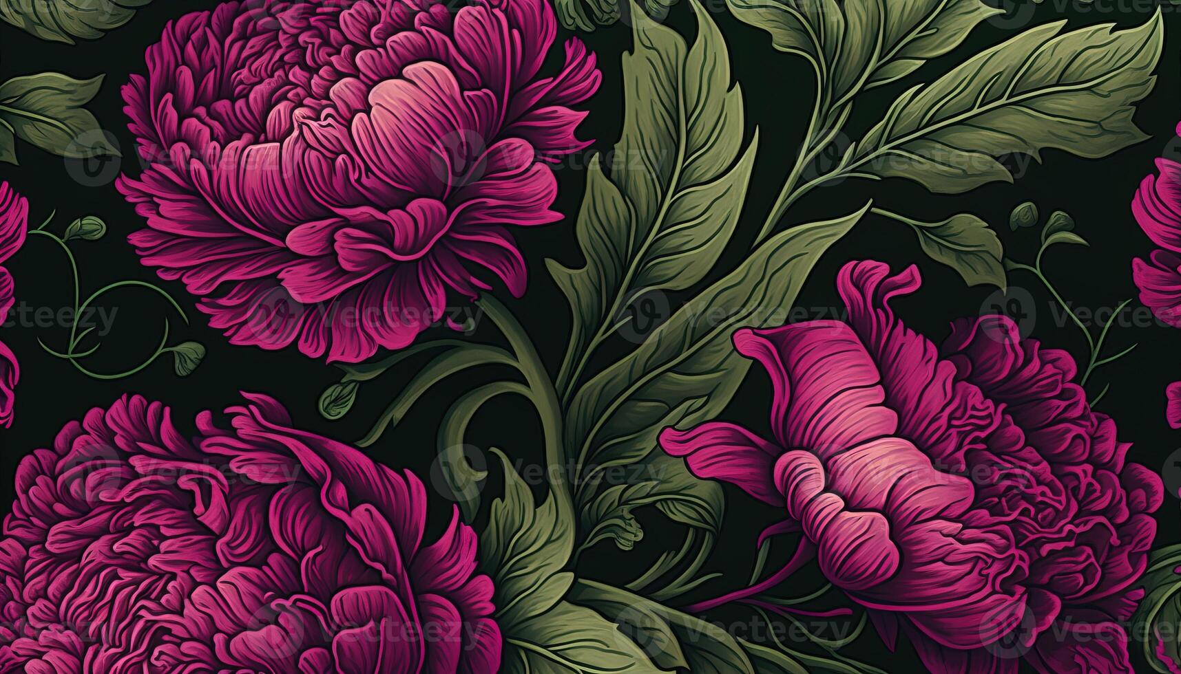 generatief ai, bloemen patroon. William morris geïnspireerd natuurlijk planten en viva magenta pioen bloemen achtergrond, wijnoogst illustratie. gebladerte ornament. foto