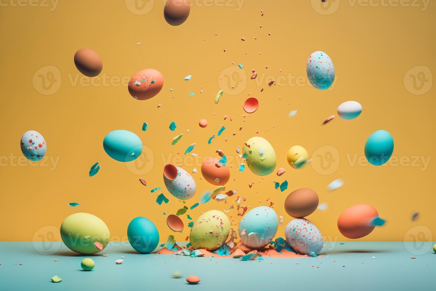 geschilderd ei vallend Aan naar licht blauw grond met kleurrijk fragment spatten in lucht Aan geel achtergrond. generatief ai. foto