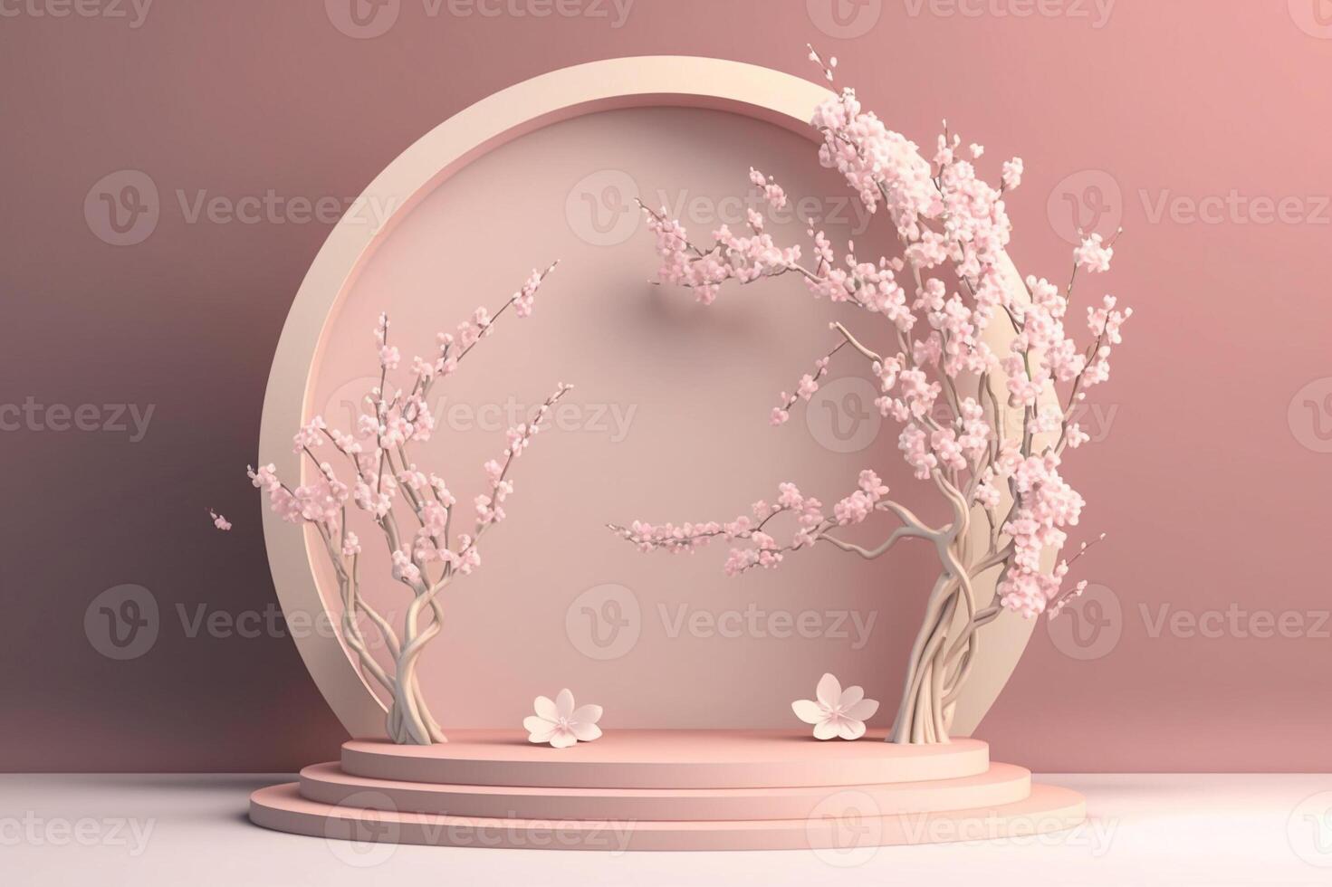 illustratie van roze dromerig Scherm podium achtergrond sjabloon met kers bloesem fabriek decoratie. generatief ai. foto