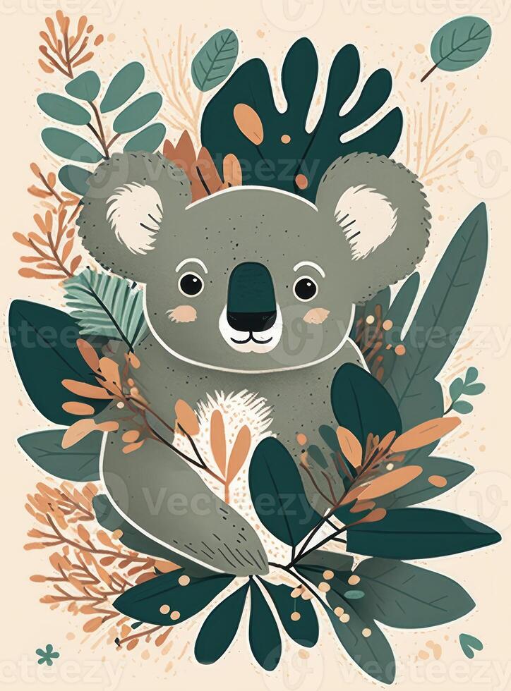 ai gegenereerd koala gezicht tekenfilm met bloemen en eucalyptus. foto