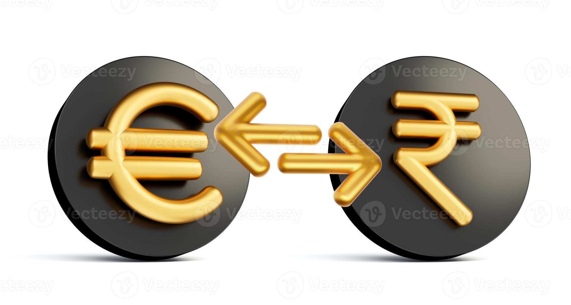 3d gouden euro en roepie symbool Aan afgeronde zwart pictogrammen met geld uitwisseling pijlen, 3d illustratie foto