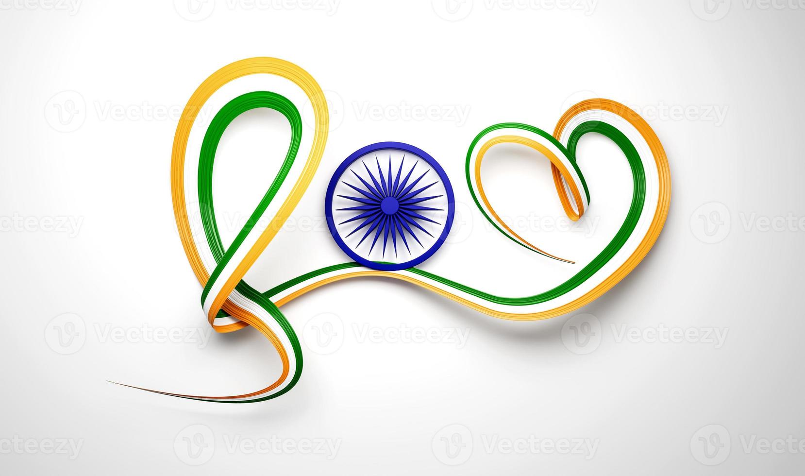 3d vlag van Indië, hartvormig, glimmend golvend bewustzijn lint Aan wit achtergrond, 3d illustratie foto