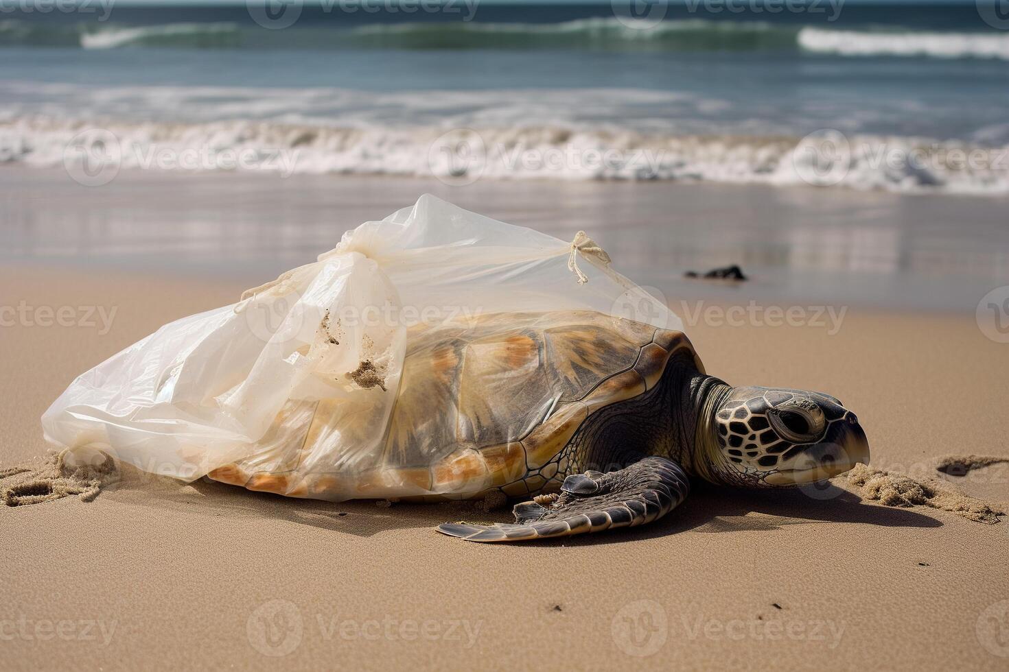 een schildpad gevangen in een plastic zak aan het liegen Aan de strand. de concept van een ecologisch ramp veroorzaakt door plastic afval. ai gegenereerd foto