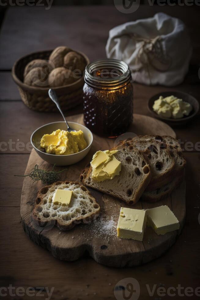 assortiment van brood, kaas, boter en honing voor ontbijt, Aan rustiek tafel. generatief ai foto