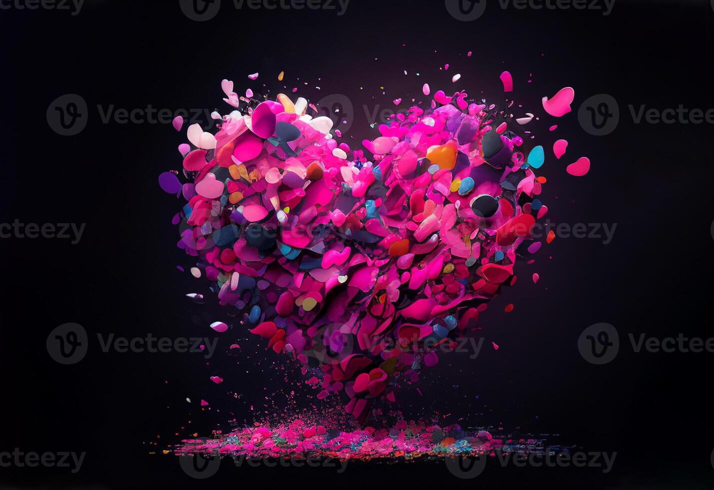roze hart met klein kleurrijk deeltjes. Valentijnsdag dag, liefde. kleuren explosie. ansichtkaart, groet kaart ontwerp. generatief ai. foto