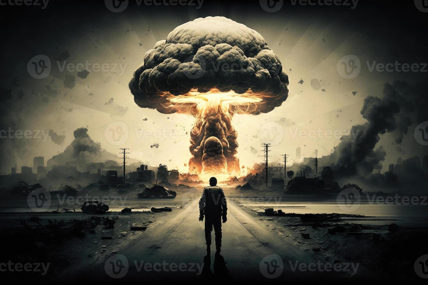 een Mens staat in voorkant van een nucleair explosie en horloges deze schouwspel, de Apocalypse en de nucleair paddestoel van de explosie. generatief ai, foto