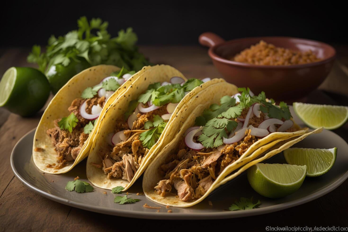 drie varkensvlees carnitas straat taco's in geel maïs tortilla. illustratie ai generatief foto