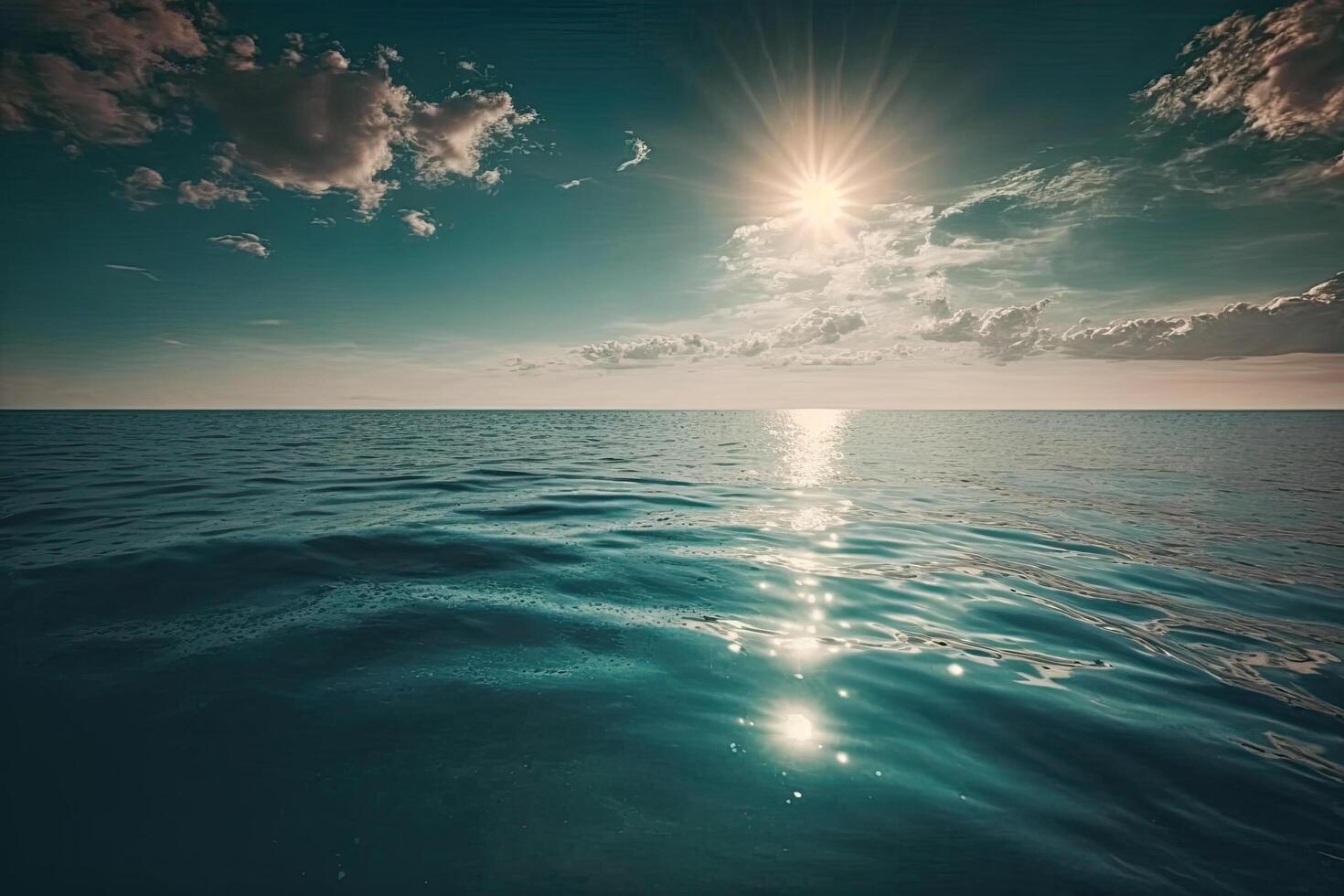 zonnig lucht over- kalmte water van zee of oceaan. natuurlijk landt. illustratie ai generatief foto