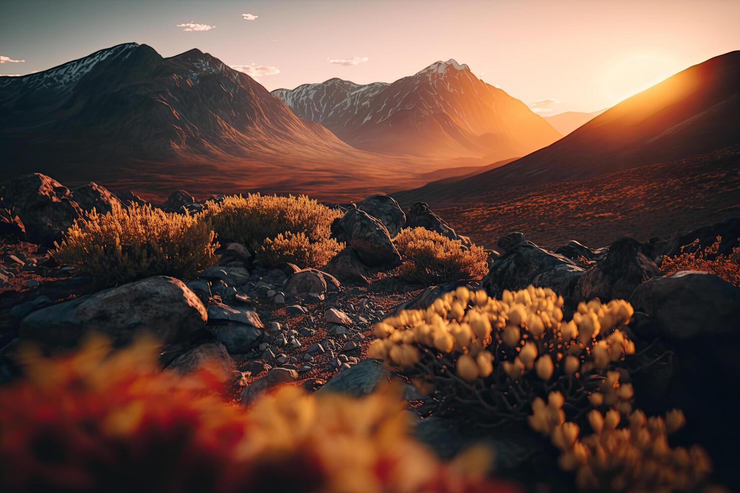 bergen gedurende zonsondergang. mooi natuurlijk landschap. illustratie ai generatief foto