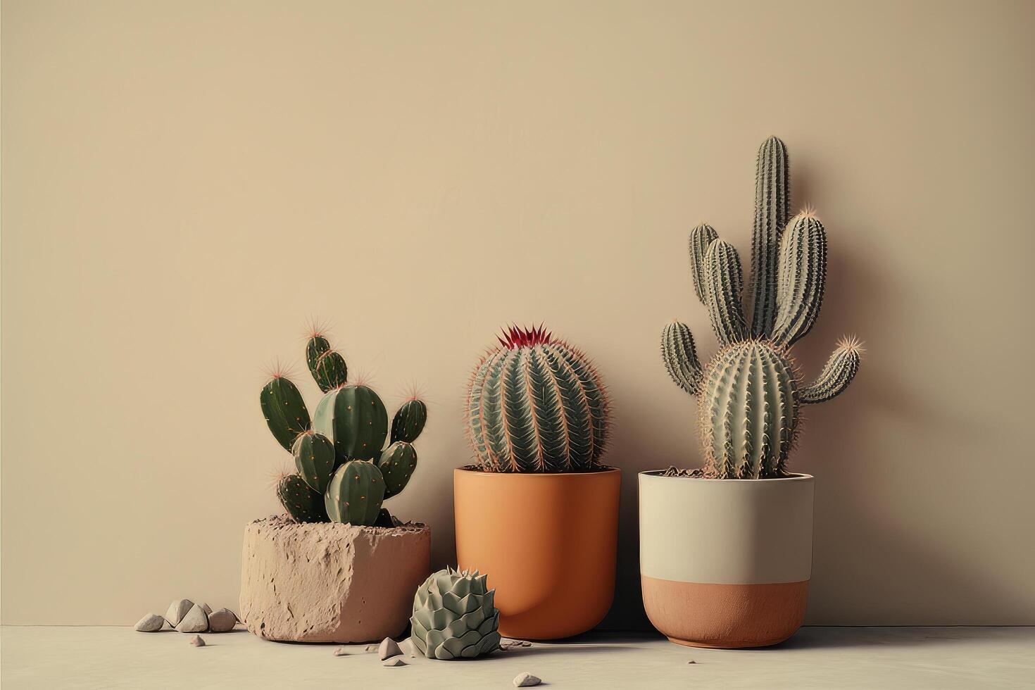 klein cactussen met een beige muur minimalistische achtergrond. illustratie ai generatief foto