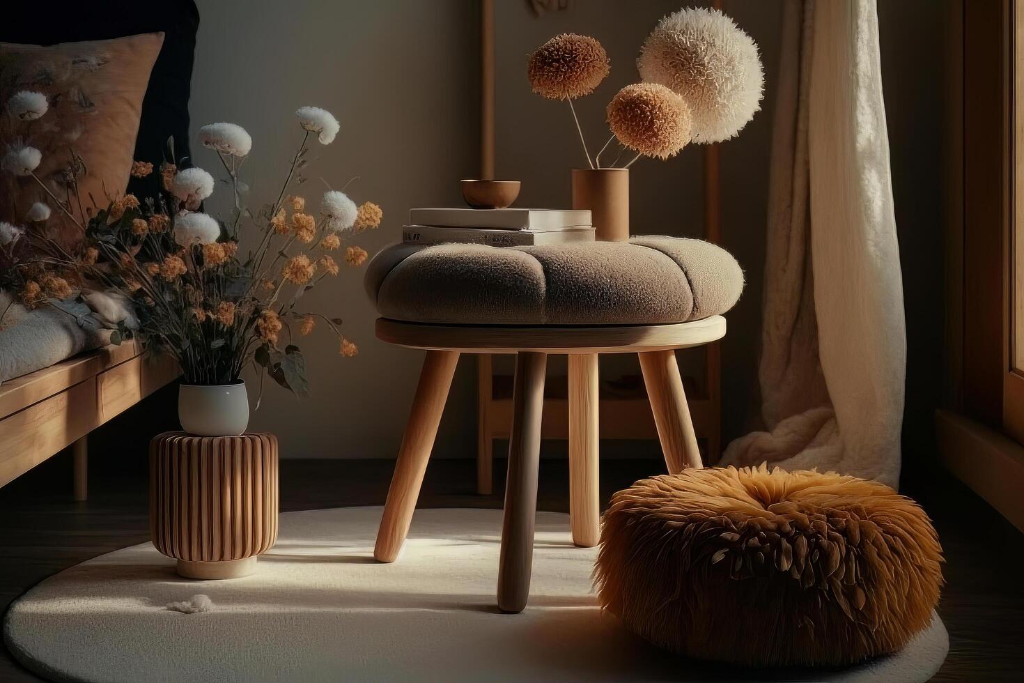 neutrale concept van leven kamer interieur met ontwerp hout. illustratie ai generatief foto