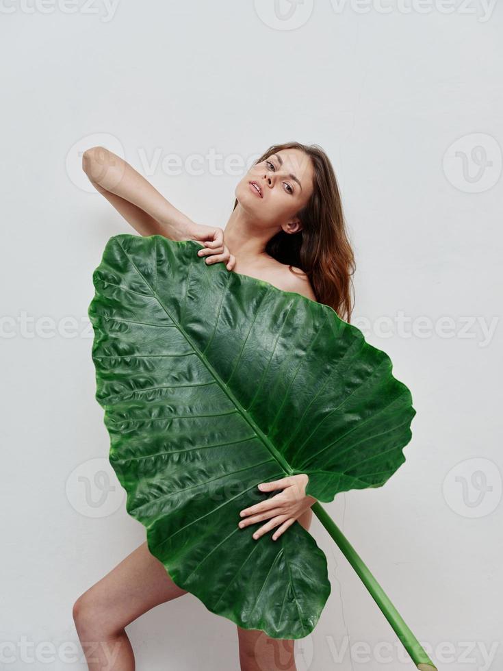 vrouw met naakt lichaam palm blad exotisch aantrekkelijk kijken foto