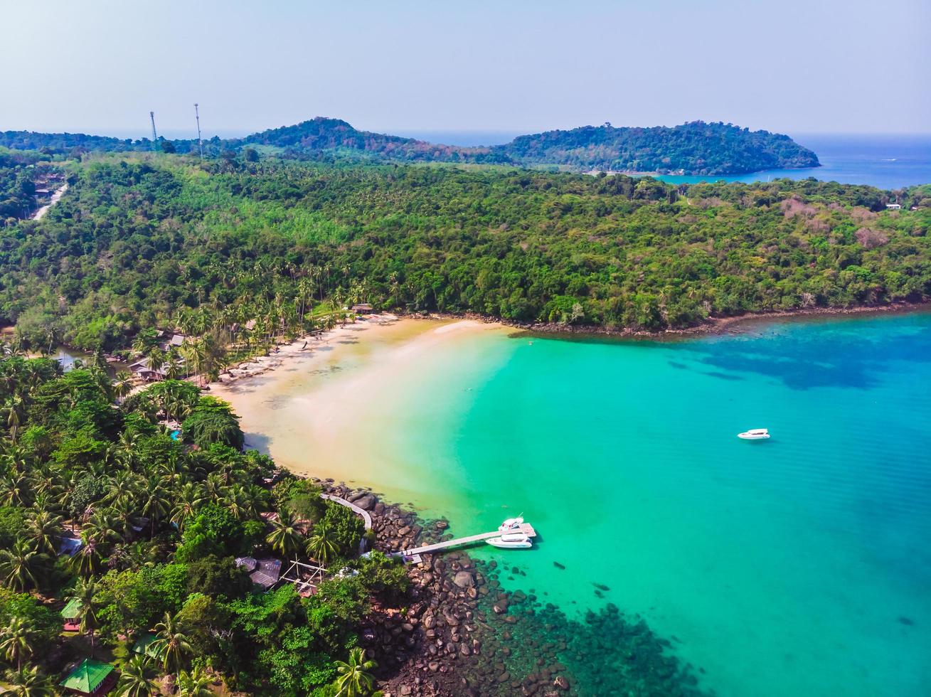 luchtfoto van prachtig strand en zee met coconut palmboom foto