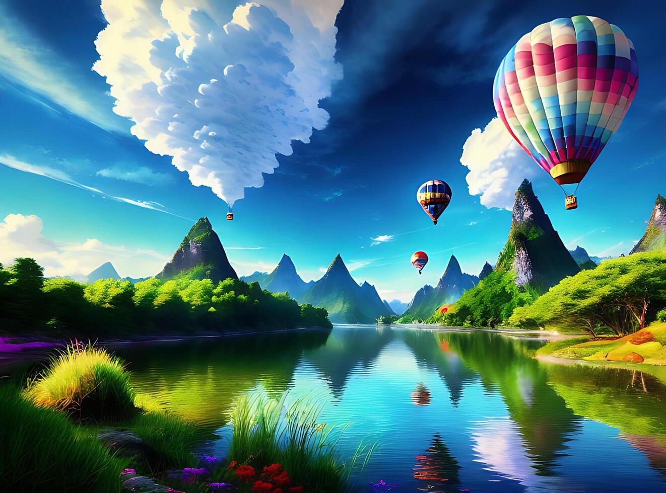 behang landschap, schilderen, fantasie kunst, animatie, water, natuur, lucht, wolken, aarde, brug, wereld, kunst, berg, ballonnen, screenshot, computer behang, speciaal Effecten, organisme, ai gegenereerd foto