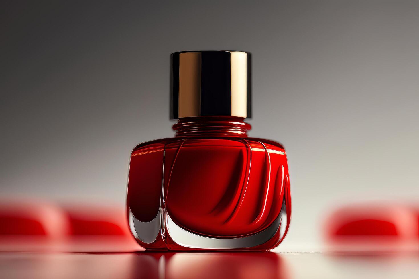 top visie van een fles van rood nagel Pools vernis stromen. illustratie ai generatief foto