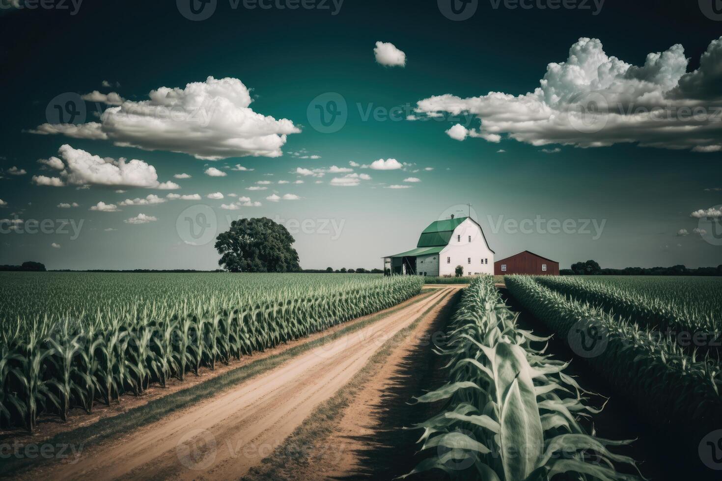 groen maïs boerderij bouwland met perfect luchten. illustratie ai generatief foto