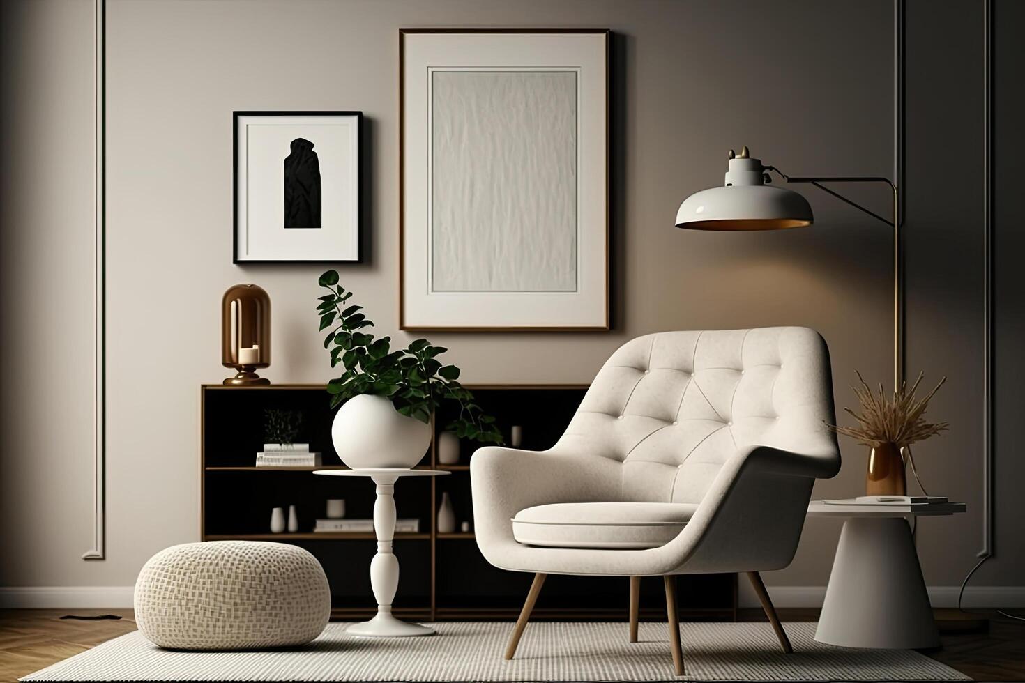 minimalistische samenstelling van elegant leven kamer ruimte. illustratie ai generatief foto