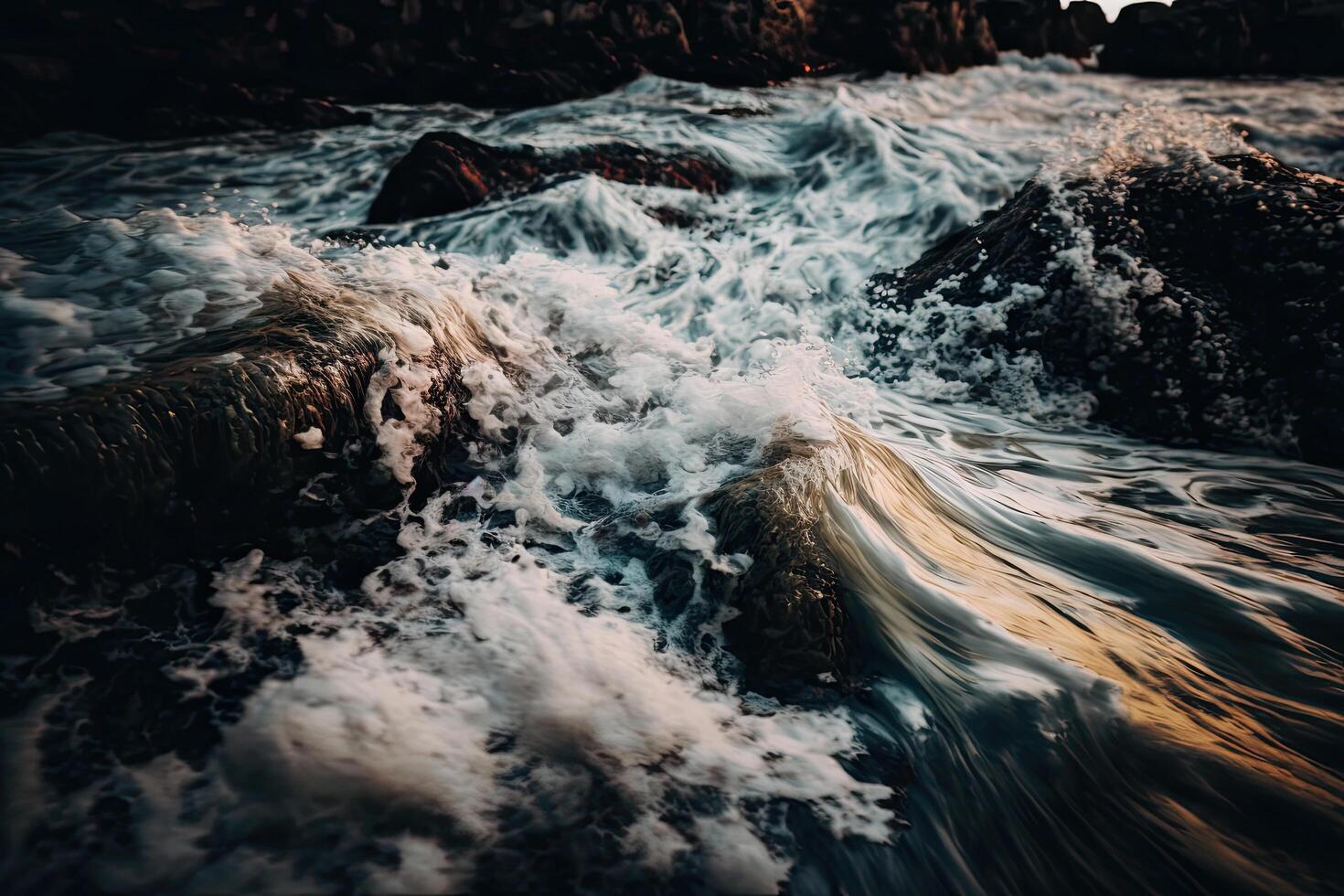 golven van rivier- en zee water ontmoeten elk ander. illustratie ai generatief foto