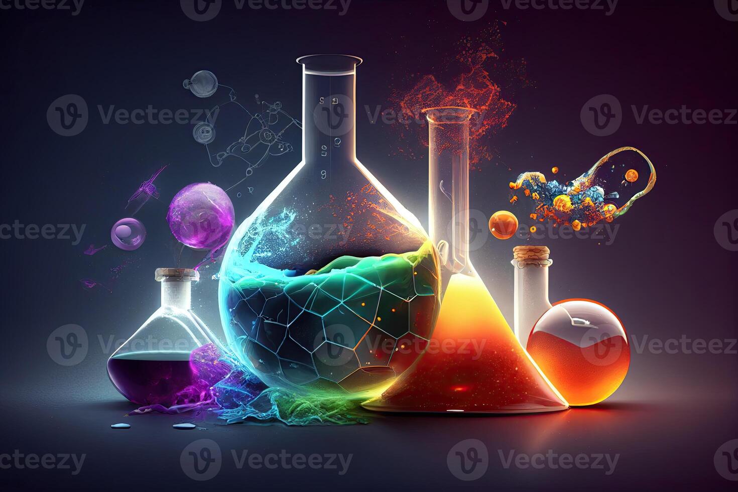wetenschap achtergrond illustratie, wetenschappelijk ontwerp. kolven, glas en chemie, fysica elementen. generatief ai foto