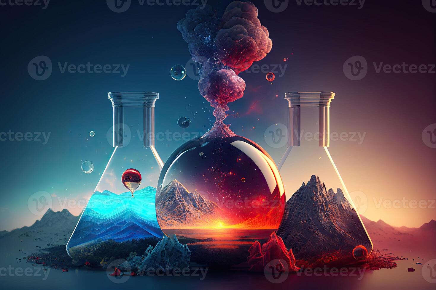wetenschap achtergrond illustratie, wetenschappelijk ontwerp. kolven, glas en chemie, fysica elementen. generatief ai foto