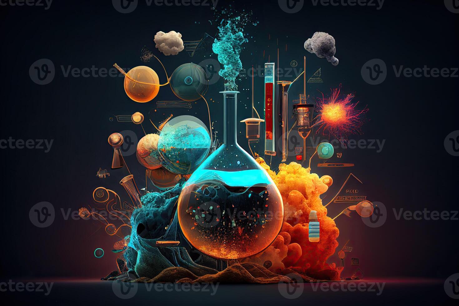 wetenschap achtergrond illustratie, wetenschappelijk ontwerp. kolven, glas en chemie, fysica elementen. generatief ai foto