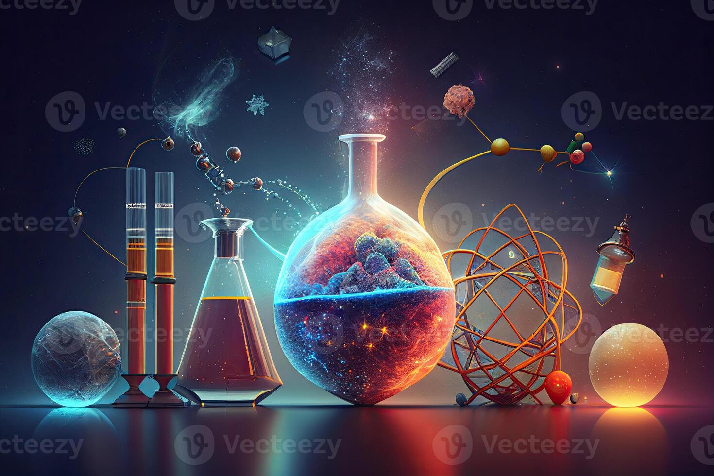 wetenschap achtergrond illustratie, wetenschappelijk ontwerp. kolven, glas en chemie, fysica elementen. generatief ai foto