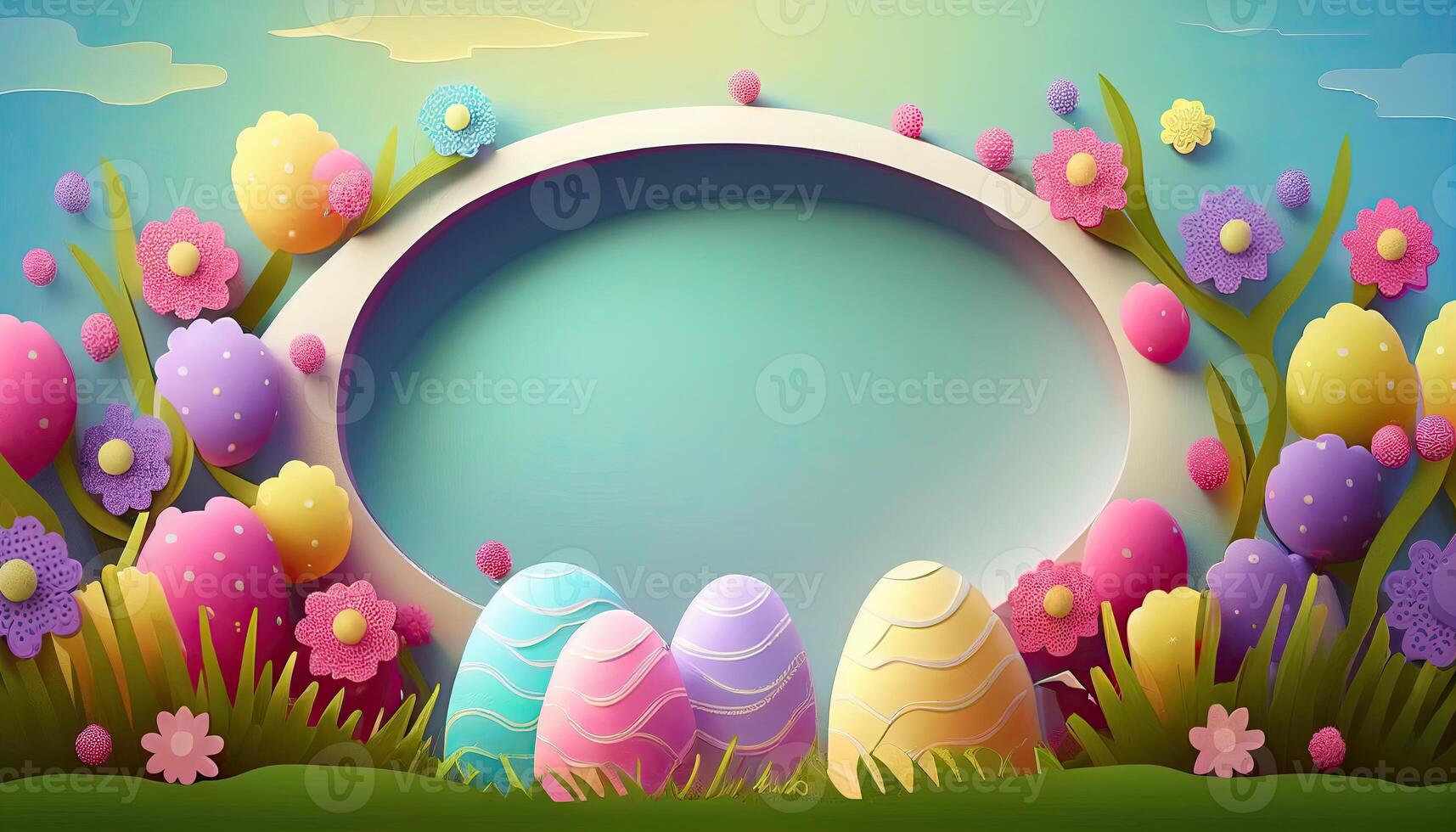 Pasen vakantie achtergrond. Pasen eieren illustratie backdrop met kopiëren ruimte. generatief ai foto