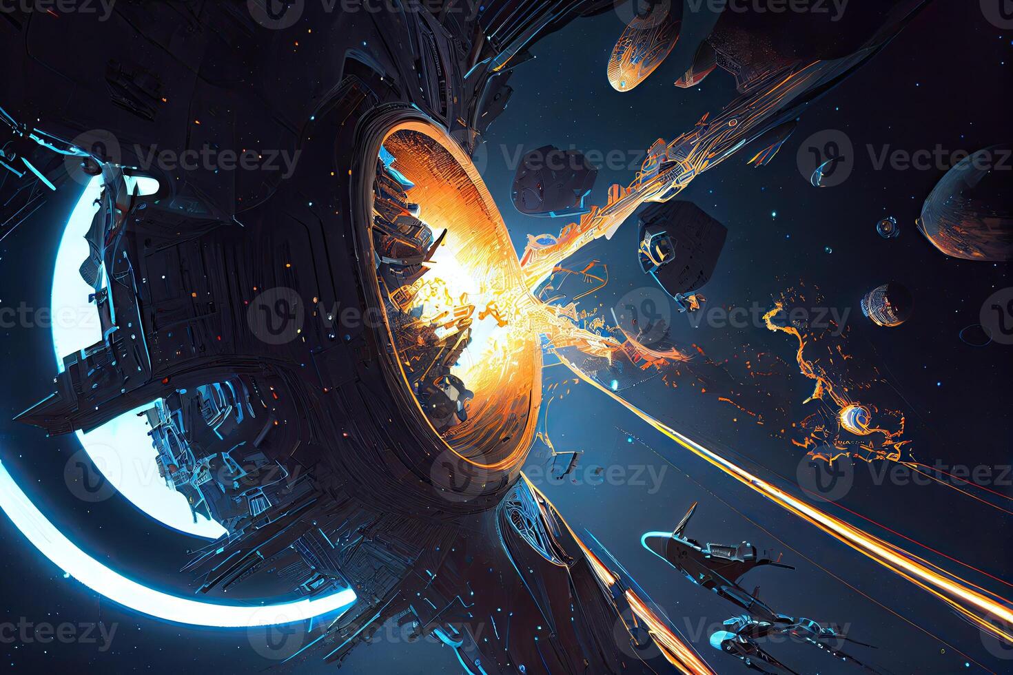 abstract ruimte achtergrond met ruimteschip, blauw achtergrond, explosies in kosmos, generatief ai foto