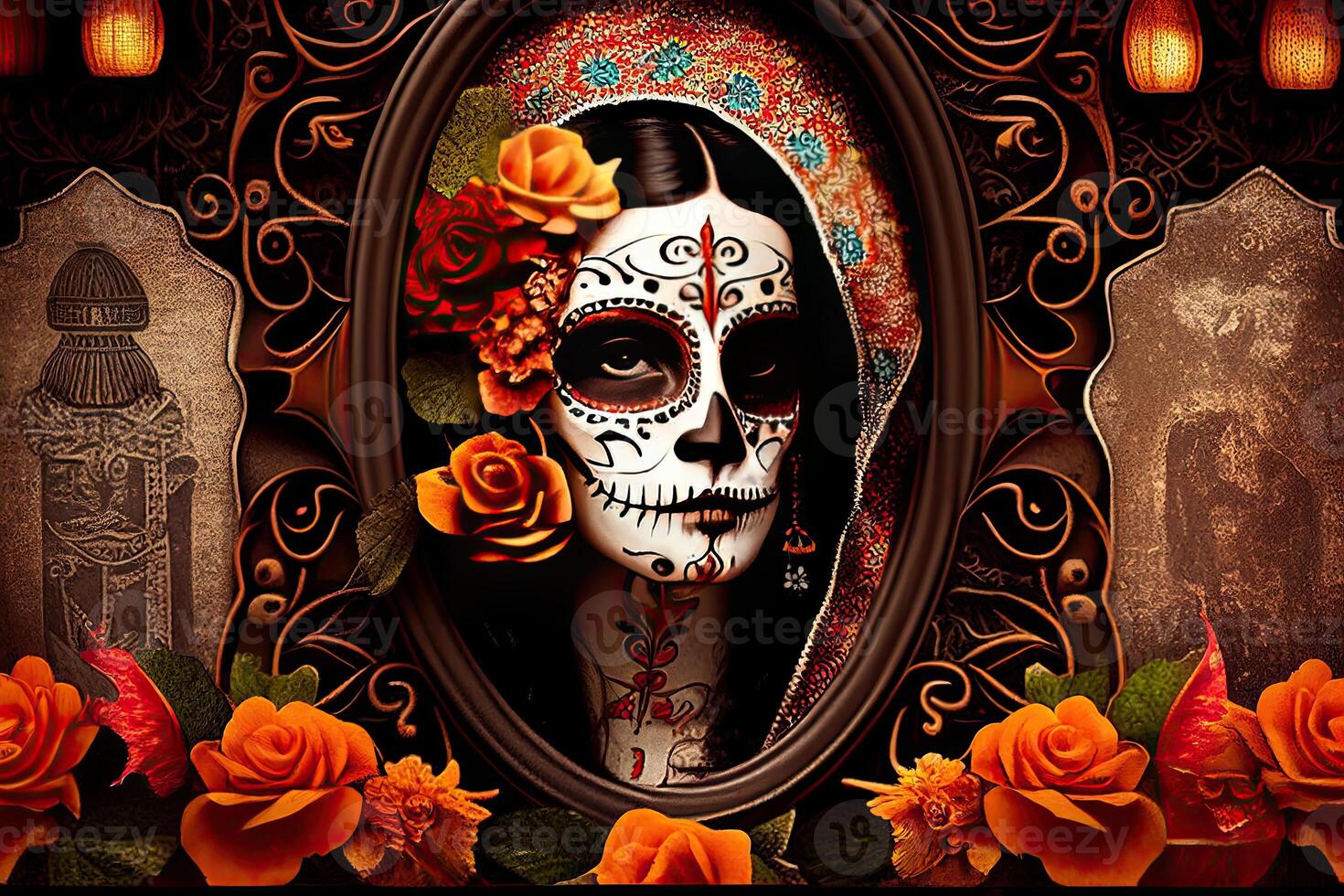 dia de los Muertos achtergrond dag van de dood kunst decoratie, botten schedel bloem ornament vakantie behang, generatief ai foto