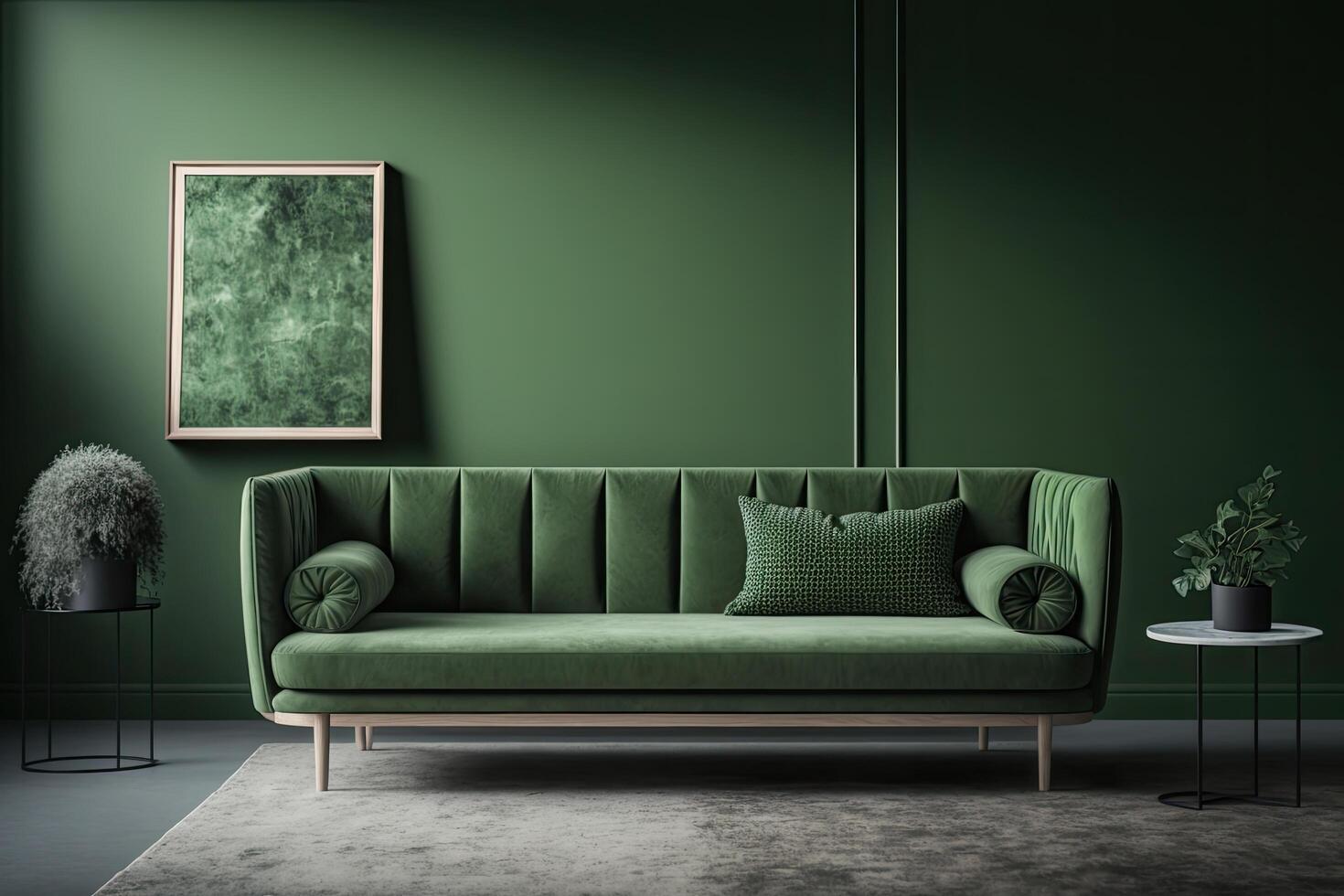 groen muur achtergrond minimalistische sofa marmeren patroon hout. illustratie ai generatief foto