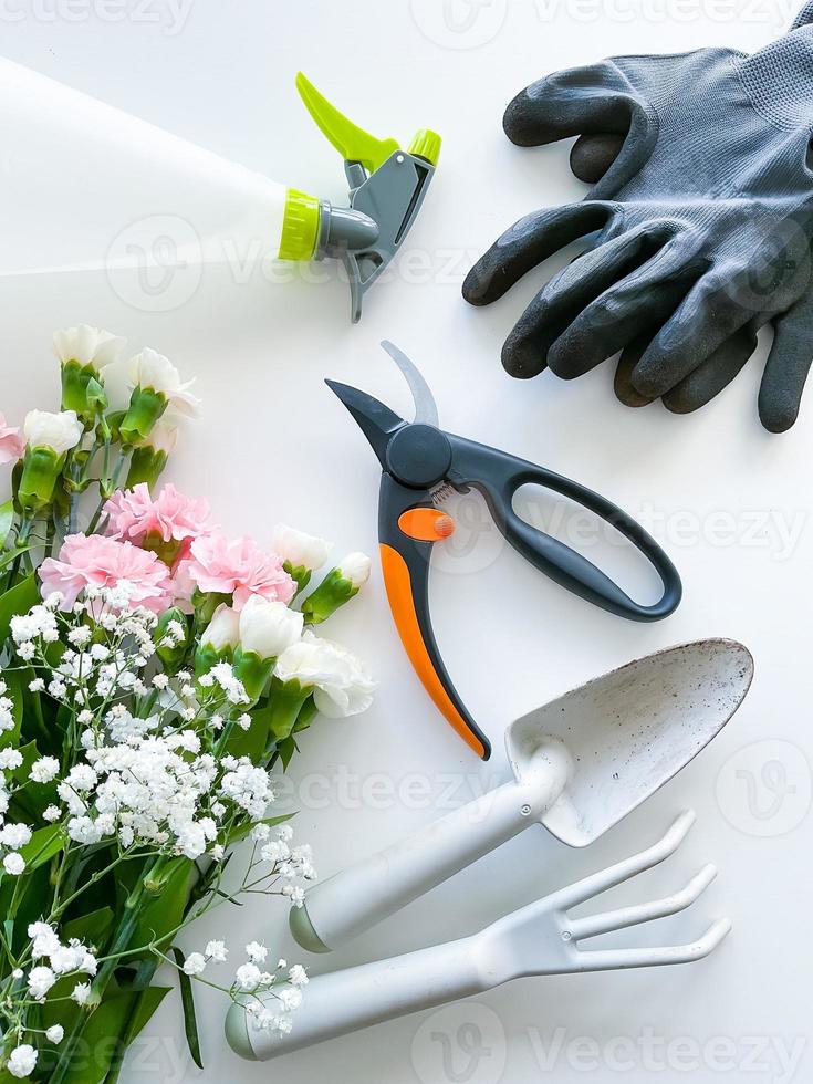 verstuiven roze en wit bloemen met tuinieren gereedschap foto