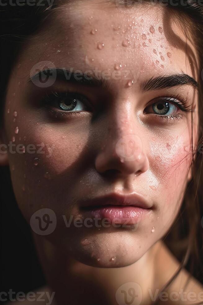 jong vrouw met water druppels Aan haar gezicht foto