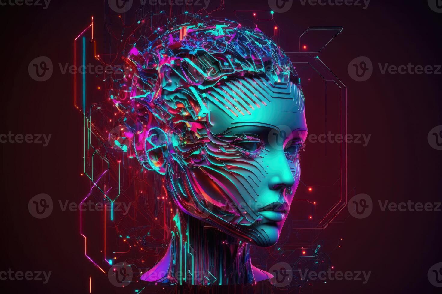 ai gegenereerd 3d kunstmatig intelligentie- of ai in beeld humanoid hoofd. robot gezicht analyseren stromen groot gegevens. futuristische modern gloed in de donker achtergrond. foto