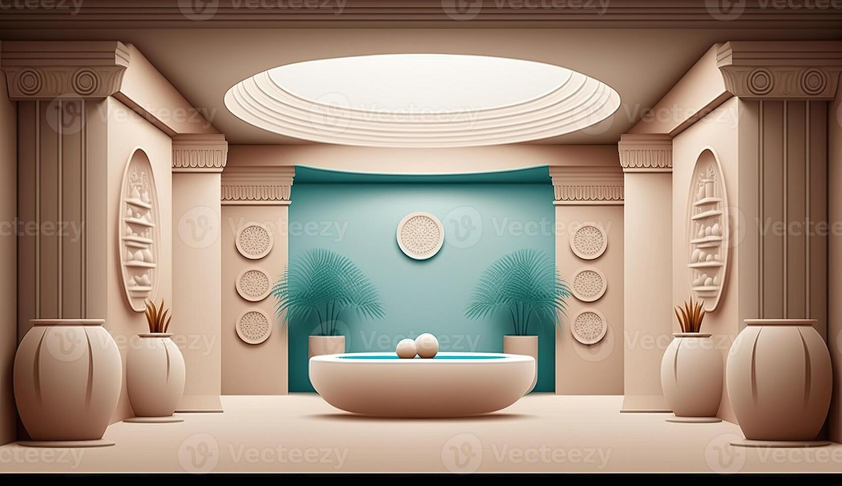 elegant luxe Koninklijk welzijn bad spa interieur, poster voor spa centrum of Romeins bad in tekenfilm stijl. ai gegenereerd. foto